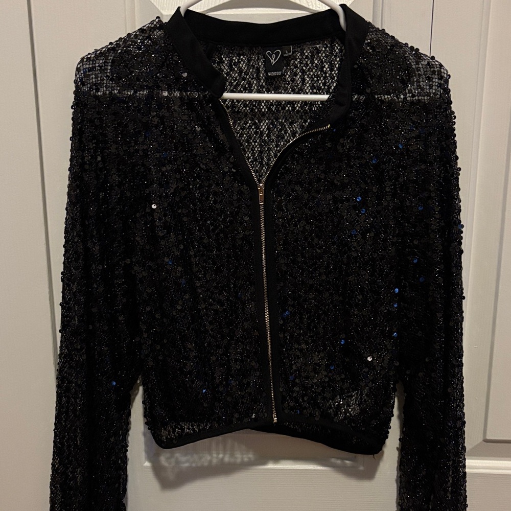 Windsor Black Sequin Zip Bomber Jacket